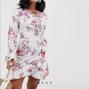 ASOS PETITE PARISIAN FLORAL LONG SLEEVE TIE WAIST ZIP UP RUFFLE SPRING DRESS XS